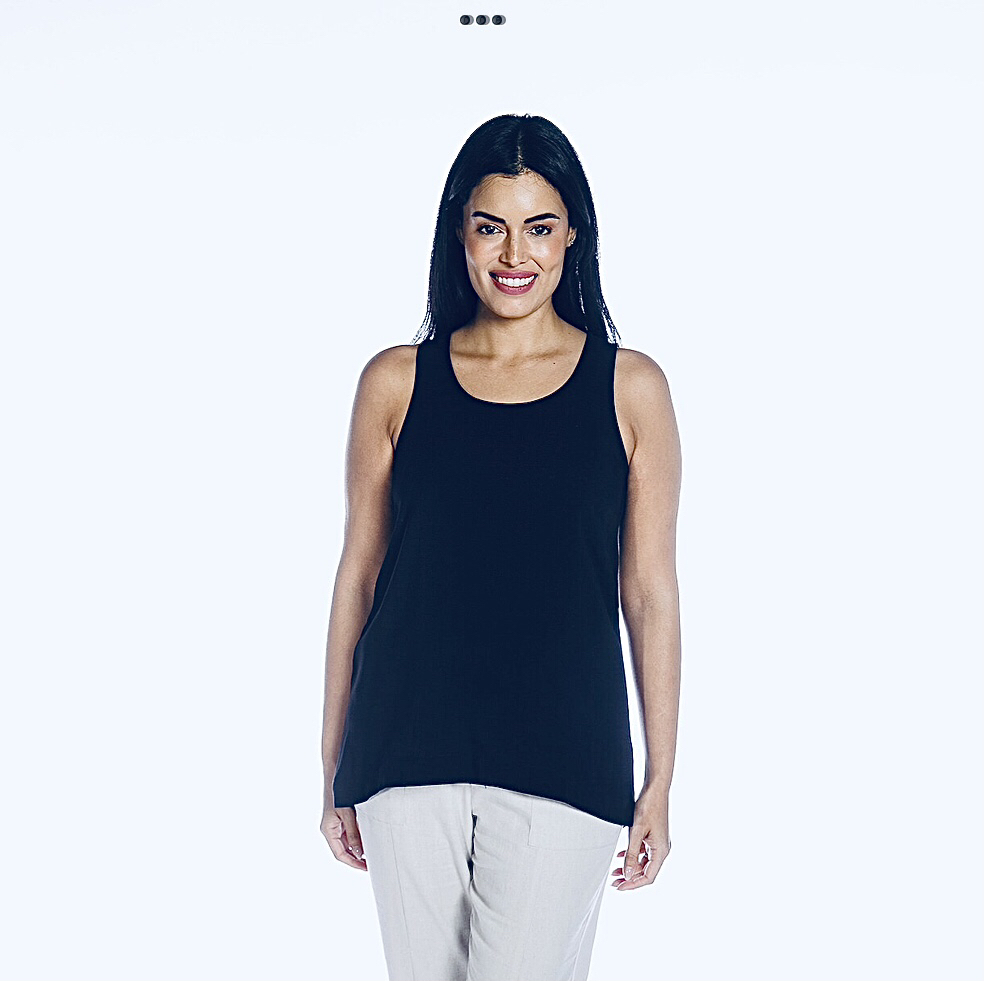 Official store image of a model wearing a dark casual top
