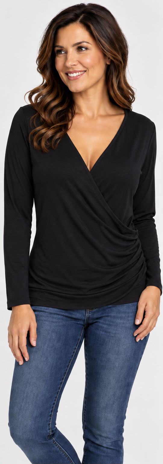 L.L. Bean Crossover Cotton Blend Long Sleeve Top — Black, official product photo