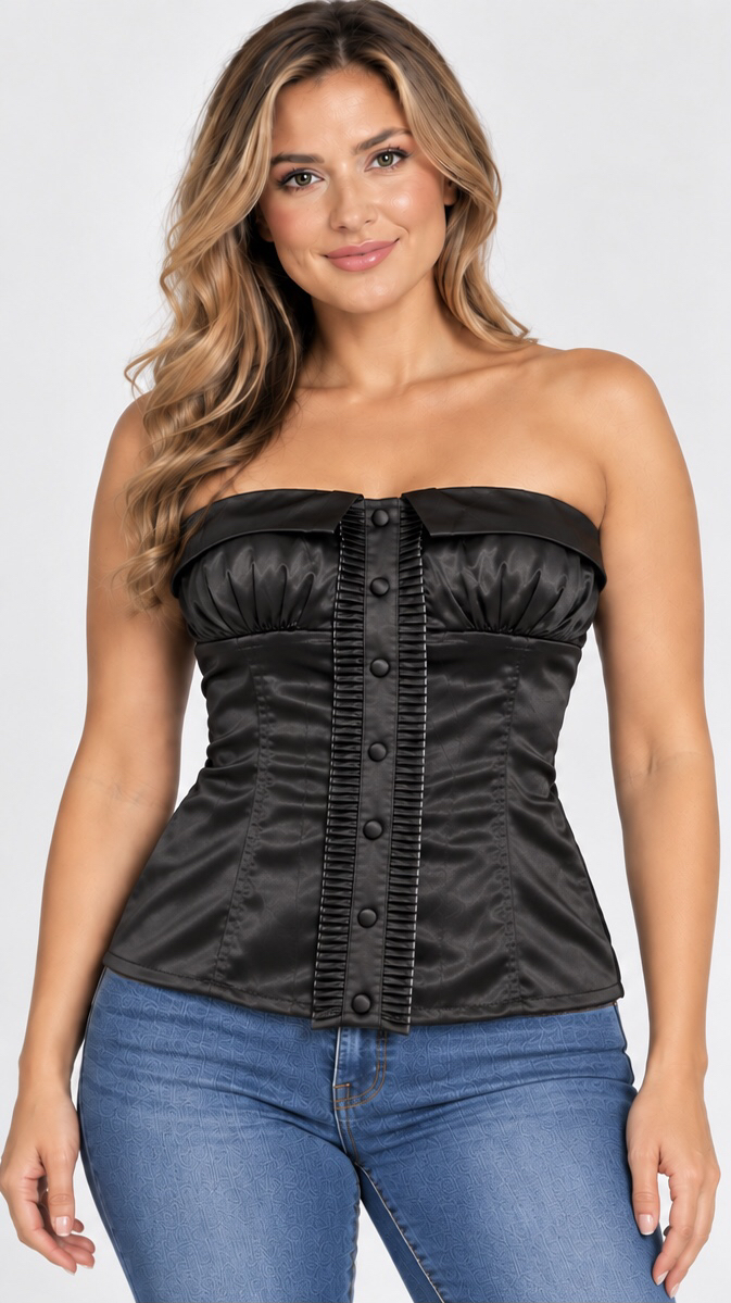 Strapless Satin Bustier Top — Black, official product photo